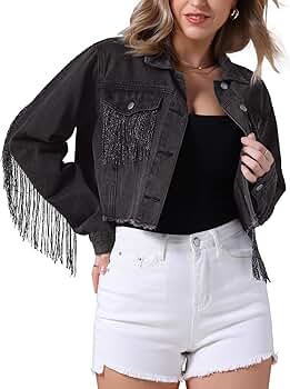 CIMUK Womens Cropped Jean Jackets Long Sleeve Western Frayed